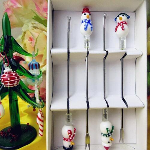 4pcs Restaurant tableware and fruit fork stainless steel gift set murano glass Christmas Snowman statues decoration dessert fork