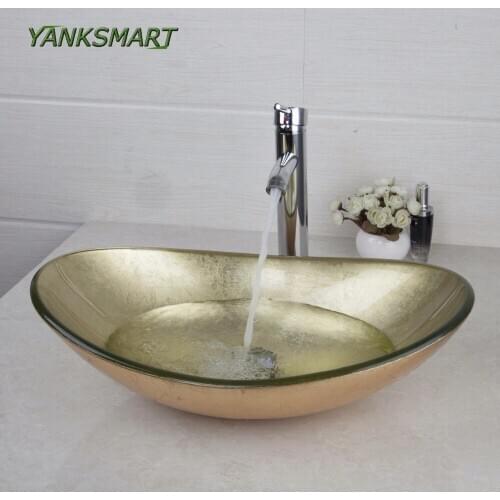 YANKSMART Yellow Oval Glass Washroom Basin Vessel Vanity Sink Bathroom Mixer Basin Washbasin Brass chrome Faucet Set w/ Drain