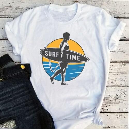 SURF TIME Shirt 2021 Women Fashion O-Neck Cartoon Casual Tops Holiday Beach White Tee Clothing Summer Plus Size XL