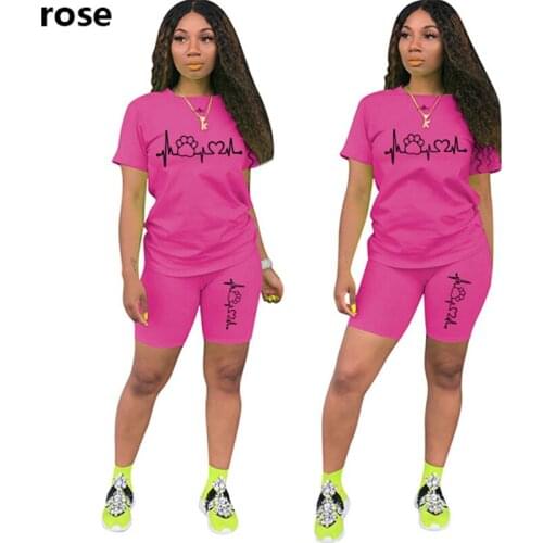 Female Outfits Summer Casual Home Women Sports Suits with Print Plus Size Loose Tee + Stretch Biker Shorts Two Piece Trouser Set