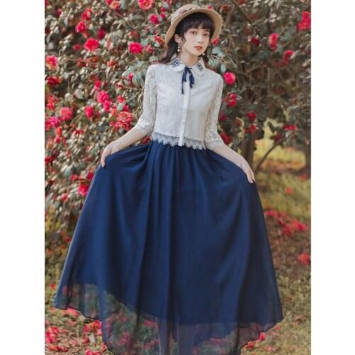 Women Sweet Cute Two Piece Set For Summer 2021 flower Embroidery Doll Collar Lace Blouse+Chiffon Retro Skirt Sets