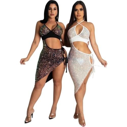 STYLISH LADY Diamonds Printed Dress 2021 Autumn Women Halter Backless Hollow Out Sexy Club Party Bodycon Irregular Dress