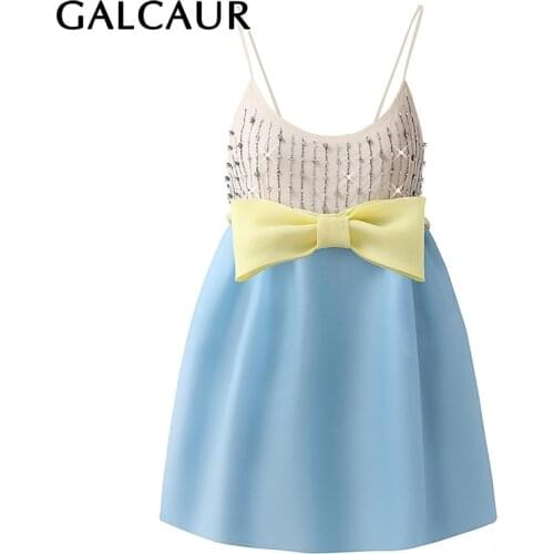 GALCAUR Patchwork Dress For Women O Neck Sleeveless High Waist Mini Hit Color Diamonds Dresses Female Fashion 2021 Clothing Tide