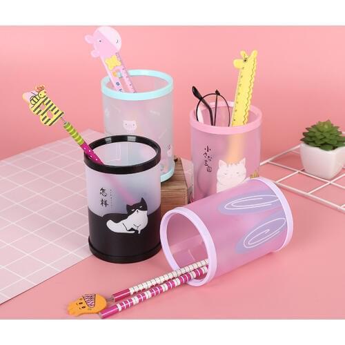 1pc Colorful Cartoon DIY Plastic Round Ruler Pen Pencil Pot Holder Desk Stationery Container Student Penholder Office Organizer