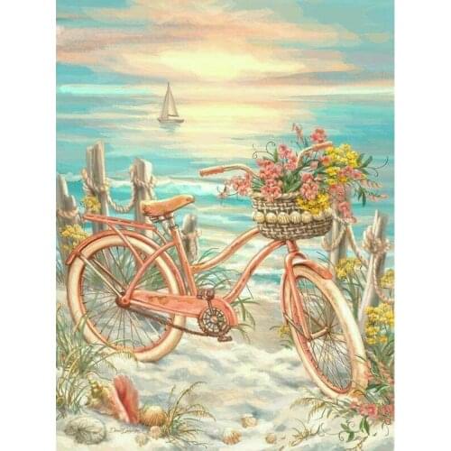 5D DIY Full Square Round Diamond Painting Cross Stitch -Beach bicycle flower- 3D Diamond Embroidery Mosaic Rhinestone Gift