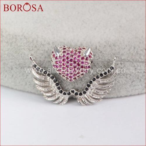 BOROSA CZ Micro Pave Heart & Wing Jewelry Finding Set,Mix Color Drusy Cubic Zirconia Connector for Women Jewelry WX439