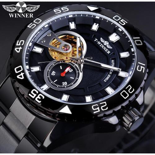 Winner Transparent Black Steel Military Half Skeleton Mens Automatic Mechanical Wristwatch Top Brand Luxury Relogito Male Clock