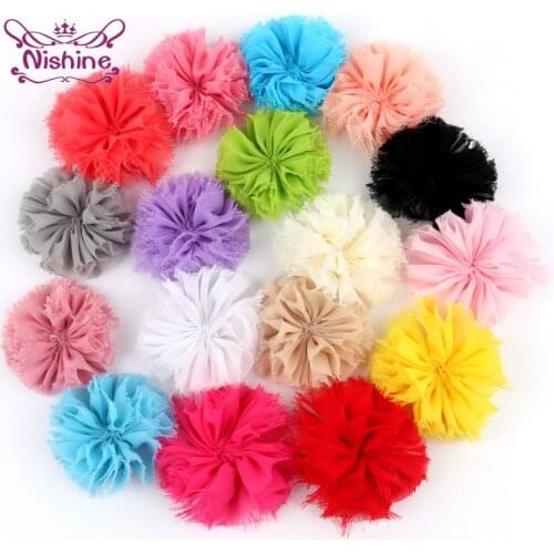 Nishine 10pcs/lot 2.8" Shabby Chiffon Hair Flowers for Kids Baby Girls DIY Headband Clips Fabric Soft Flowers Hair Accessories