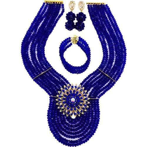 Fashion Royal Blue African Beads Jewelry Set Crystal Nigerian Beaded Wedding Necklace Bracelet Earrings Sets 8WD04