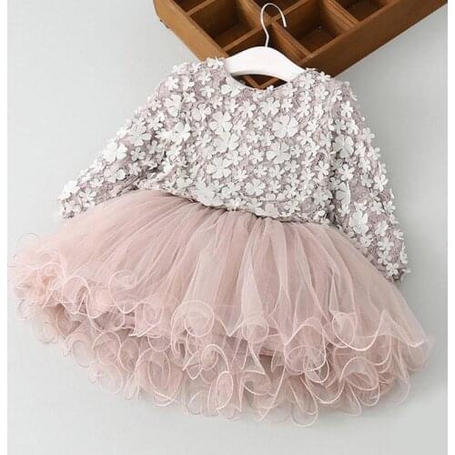 Autumn Spring Warm Kids Baby Girls Dress Long Sleeve Flower Lace Girls Princess Party Dresses Clothes