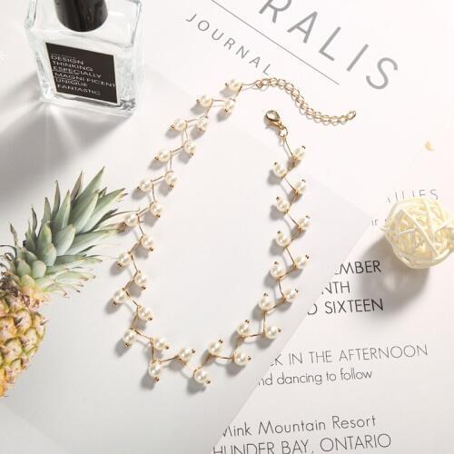 Little Simulated Pearls & Black Crystal Beads Golden Sticks Connecting Branch Choker Women Fashion Necklace
