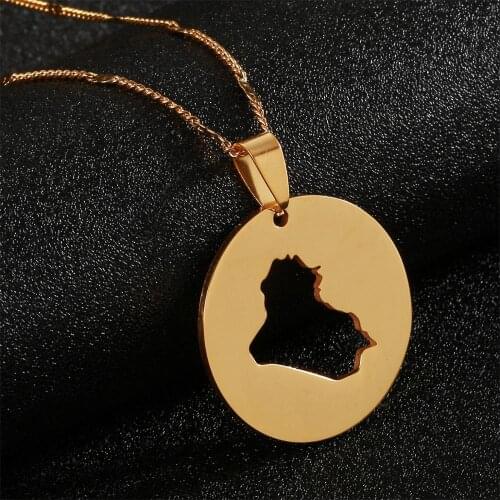 Stainless Steel Round Iraq Map Pendant Necklaces Gold Color The Iraqi Jewelry