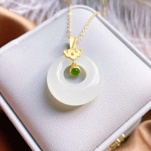 SNew sterling silver inlaid natural Hetian jade pendant necklace hollow niche design craftsmanship retro womens brand jewelry