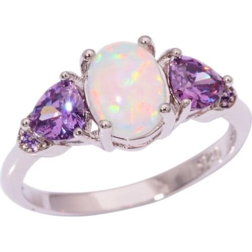 Created White Fire Opal Purple Zircon Silver Color Wholesale Hot Sell Party for Women Jewelry Gift Ring Size 6 7 8