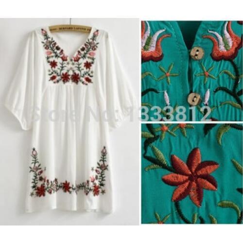 Vintage 70s Mexican Ethnic Flower EMBROIDERY Dresses women BOHO Hippie Casual Dress Plus Size women clothing women Vestidos