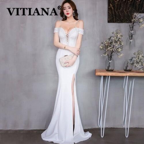 VITIANA Women White Sexy Party Long Dress Female Tassel Strapless Elegant Host Trumpet Dresses Femme Noble Banquet Vestidos