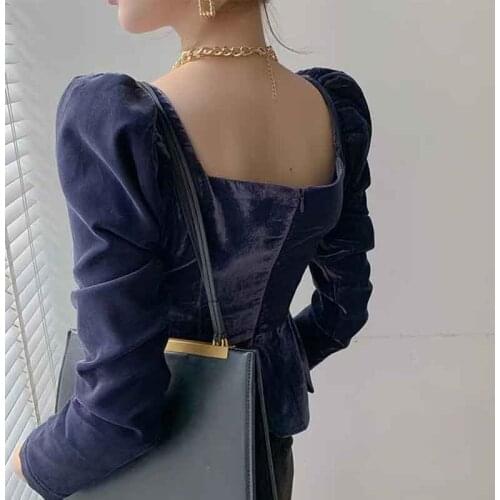 French Style Vintage Blue Velvet Square Collar Puff Sleeve Chic Tops Elegant Ladies Brand Design Shirt Women New Spring Clothes