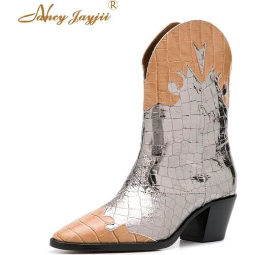 Womens shoes adult boots yellow silver patent leather set toe square high heel 2019 winter fashion casual large 16Nancyjayjii