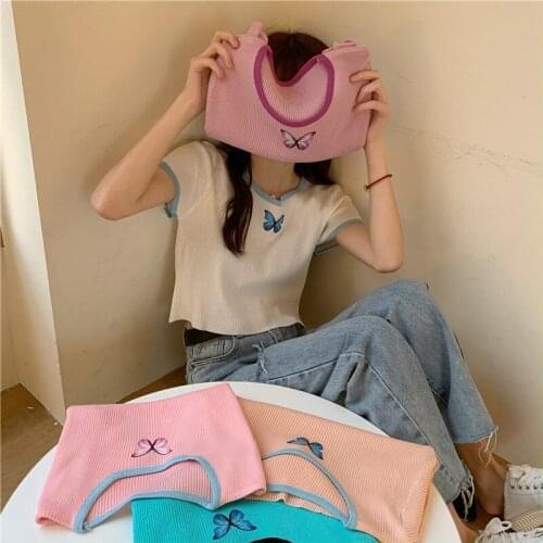Woman TShirts Summer Butterfly Printed Short-Sleeved Top Knitwear for Women Crop Top Mujer Camisetas