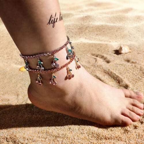 Bohemia Beach Crystal Cherry Chain Anklets For Women 2021 New Pink Rhinestone Cherrys Tennis Ankle Foot Bracelet Trendy Jewelry