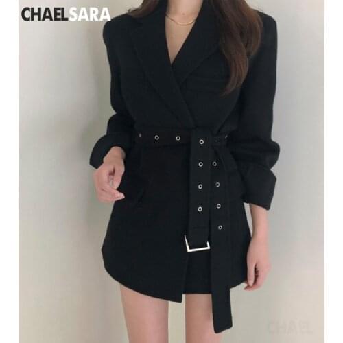 Fashion Korea Style Black With Belt Blazer Jacket Women Casual Solid Notched Long Sleeve Autumn Suit Jacket Coat