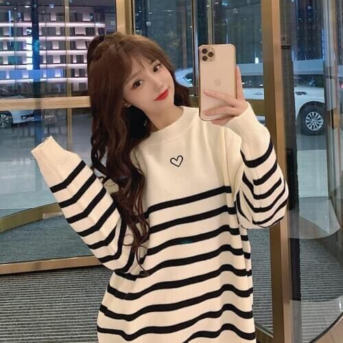 Winter Warm 2021 Korean Preppy Style Gentle Fairy Sweet Girl Sweater Harajuku Vintage Stripes Elegant Woman Trend Loose Pullover