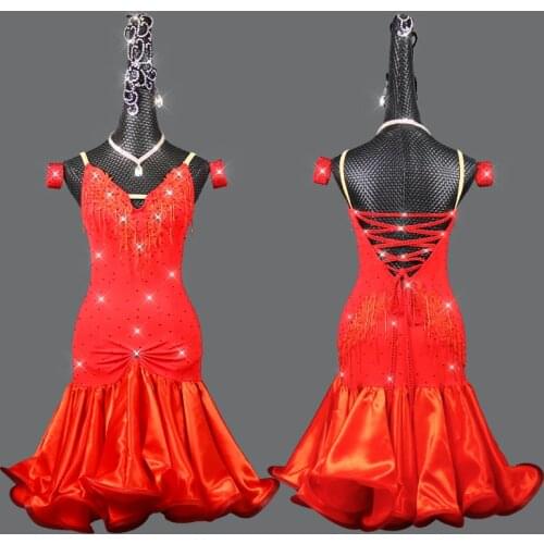 Red Latin Dance Professional Competition Dress For Women Summer Rhinestone Rumba Samba Dancing Performance Stage Costume VDB3874