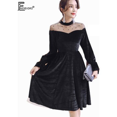 Winter Basic Dresses New Hot Sales Women Fashion Korea Style Design Long Sleeve Party Sexy Slim Waist Little Black Mesh Dress