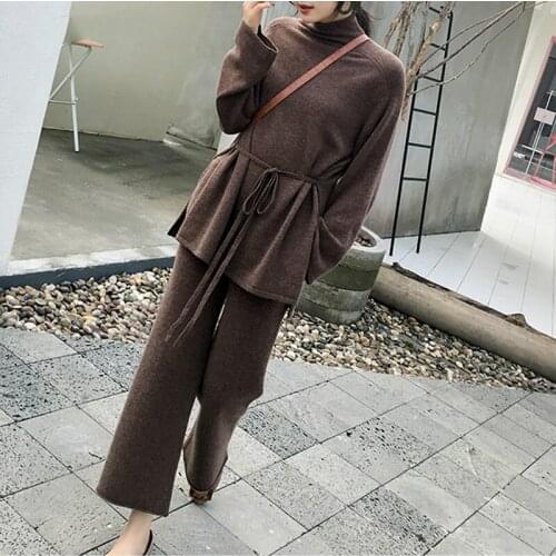 2020 Winter Knitted 2 Pieces Set Women Turtleneck Lace-up Pullovers & Elastic Waist Loose Pants Women Sweater Tracksuit