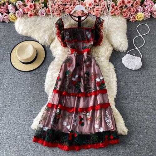 ZQLZ 2021 Vintage Women Summer Dress Flower Embroidery Lace Dress Elegant Party Long Vestidos Plus Size Sleeveless Dresses