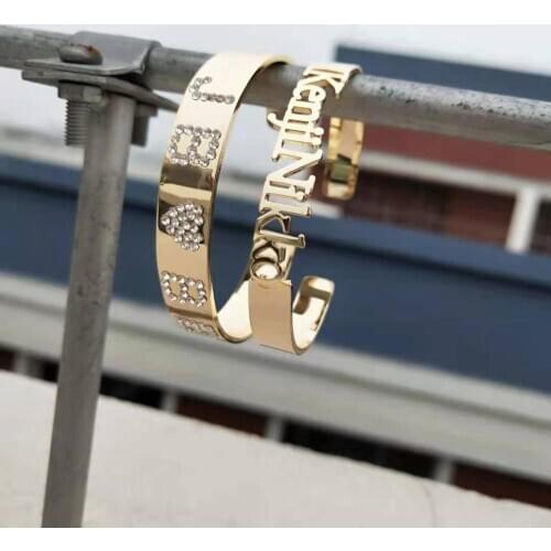 Personalized Name Bangle BraceletInitial Letter Bangle Name Cuff Bangle Custom Iced Out Bangle Birthday Gift for her(Adjustable)
