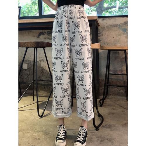 Spring summer new fashion womens pants casual printed loose all-match ladies high waist wide leg long pants