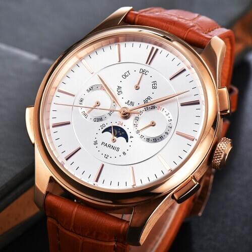 Parnis 45mm Men Watch Rose Gold Scale Automatic Mechanical Brown Strap Moon Phase Calendar Mens Watches with top luxury brand