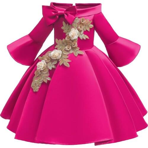 Flower Girls Dress For Children Clothes Kids Clothing Satin Elegent Horn Sleeve Shoulderless Girls Dresses for Party Custumes