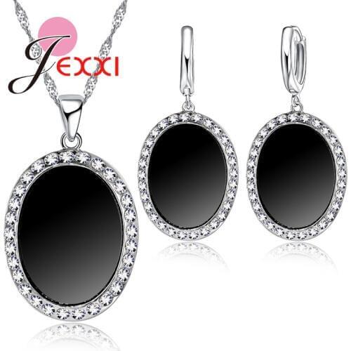 Classic Pendant Necklace Dangle Earrings Set Stamped Silver Bridal Wedding Engagement Jewellery Sets Women