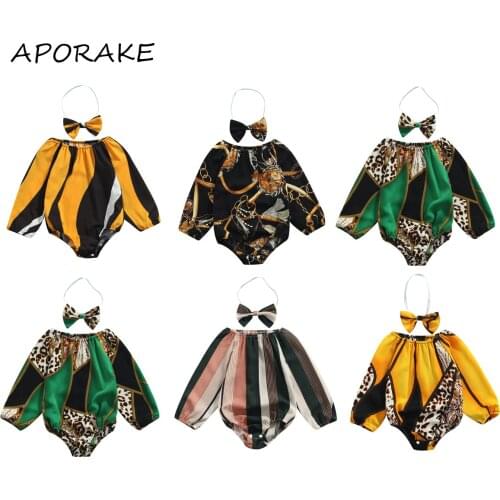 2021 0-18M Fashion Infant Baby Girl Jumpsuit Striped Leopard Print Off Shoulder Long Sleeve Romper Playsuit+Headband Fall 2pcs