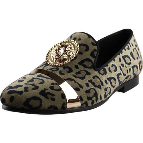 Harpelunde Men Leopard Prints Formal Dress Shoes Lion Emblem Velvet Loafer Metal Strap Flats