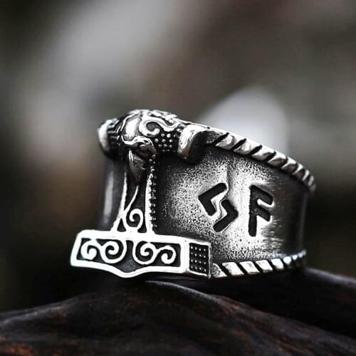 Vintage Viking Thors Hammer Ring Punk North Aul Thor Rune Mjolnir Mens Ring Fashion Biker Amulet Jewelry Gift Wholesale
