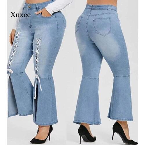 Lace Up High Waist Flare Jeans Pants Bandage Stretch Vintage Streetwear Denim Bell Bottom Trousers Patchwork Plus Size Bottoms