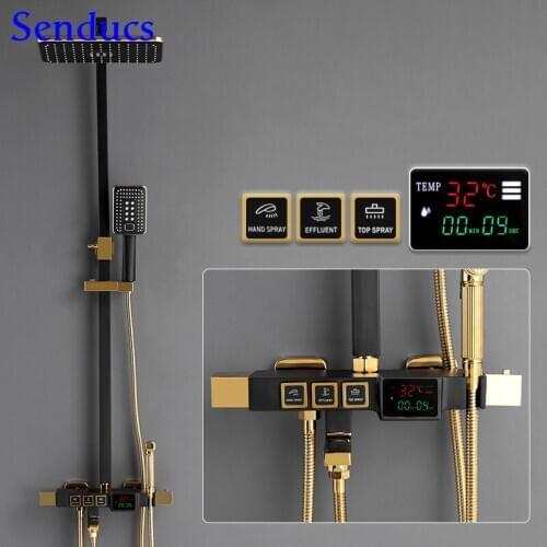 Thermostatic Shower Set Black Gold Bathroom Shower System Quality Brass Bathtub Mixer Tap Rainfall Digital Shower Mixer Set