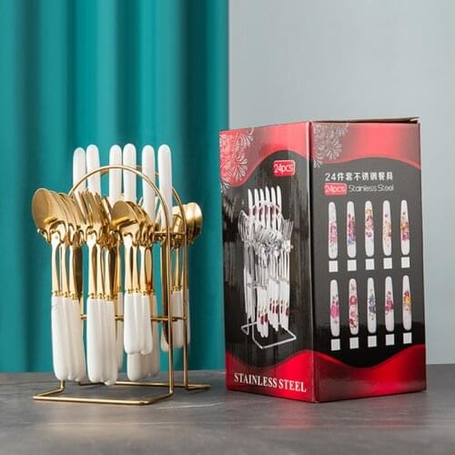 24pcs Gold Dinnerware Ceramic Handle Knife Fork Spoon Stainless Steel Cutlery Tableware Set with Storage Rack Dishwasher Safe
