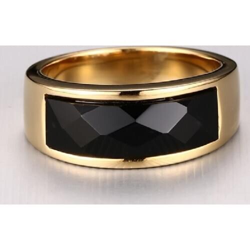 New High Quality Titanium Steel Inlaid Natural Black Agate Ring Gold, Popular European and American Jewelry