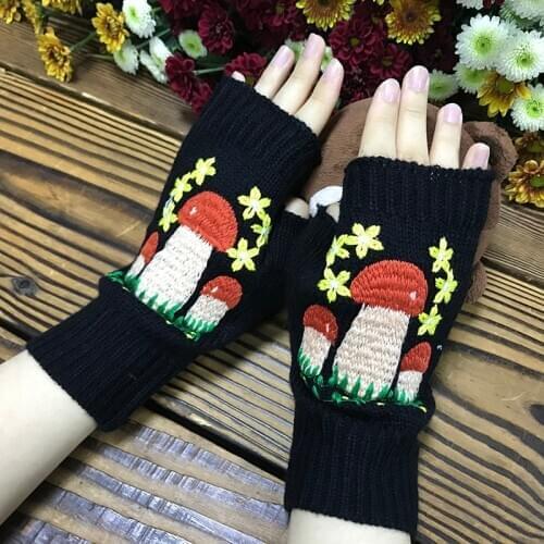New Womens Autumn Knitted Handmade Embroidery Gloves Embroidered Mushroom Flowers Mid Long Half Finger Warm Wool Winter Gloves