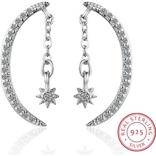 Exaggerated 925 Sterling Silver Moon Star Earrings For Women Dazzling Full CZ Crystal Long Tassel Earrings S-E506
