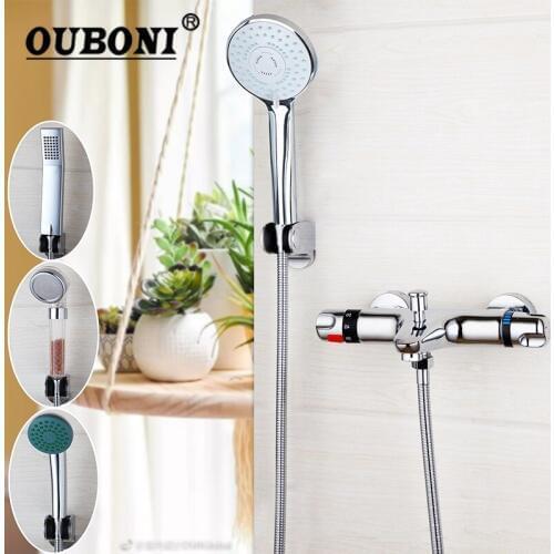 OUBONI Wall Mounted Thermostatic Mixer Taps Basin Faucet Set Exposed Shower Faucet Chrome Brass Bathtub Sink & Shower Hand