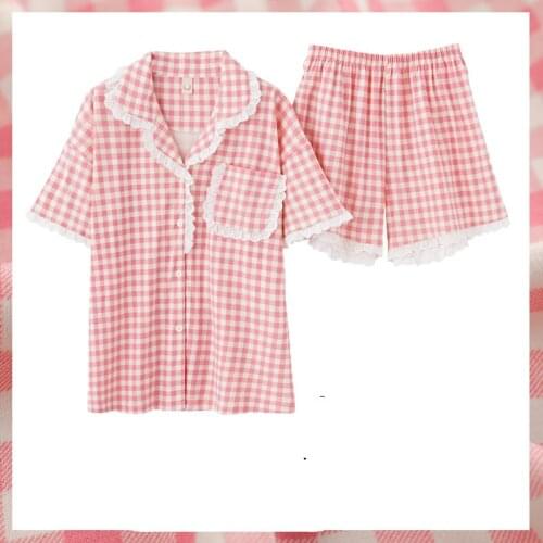 Plaid Pajamas Set Women Sweet Princess Cute Cotton Pyjamas Sexy Lace Short Sleeve Shorts 2Piece/Set Home Mom Sleepwear