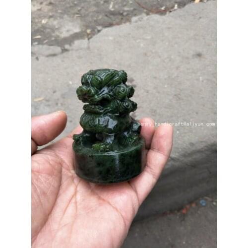 Rare He Tianjade---Gree jade Lion seal Statue / Sculpture,Free shipping