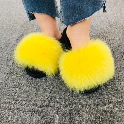 Ladies fluffy raccoon fur sandals womens indoor home Shoes plush flip-flops Female real fox Furry slippers outdoor flat Slides