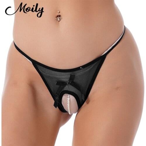 Sexy Sheer Mesh See Through Briefs Panties Underwear Women Girls Crotchless Pearls Thong T-Back Panties Open Crotch Underpants