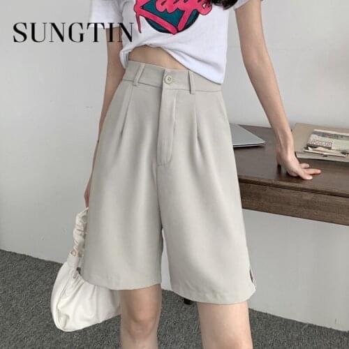 Sungtin High Waist Shorts Split for Women Korean Chic Casual Solid Black Wide Leg Shorts Female Loose Cozy 2021 Summer Shorts